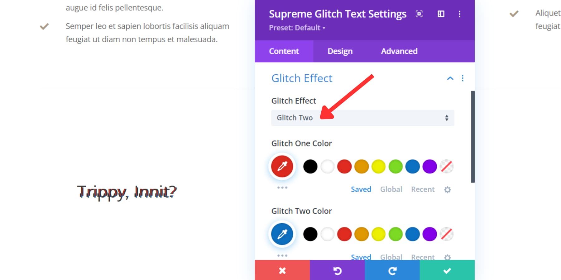 ภาพหน้าจอของเอฟเฟกต์ข้อความ Glitch ของ Divi Supreme Pro