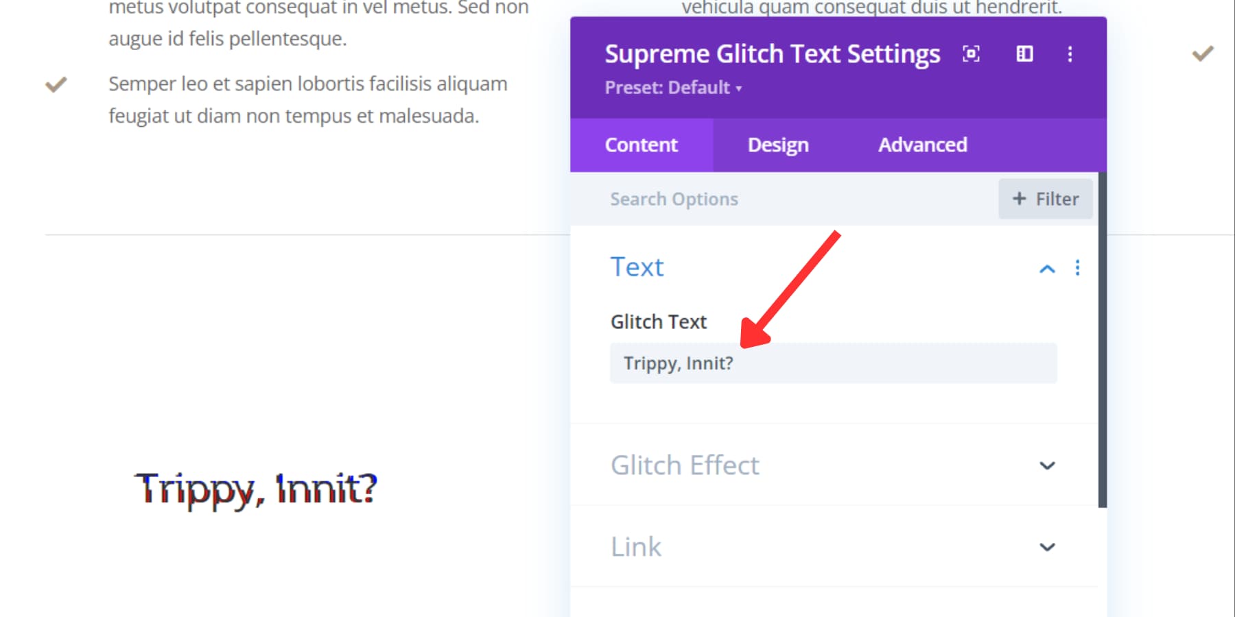 ภาพหน้าจอของ Glitch Text ของ Divi Supreme Pro