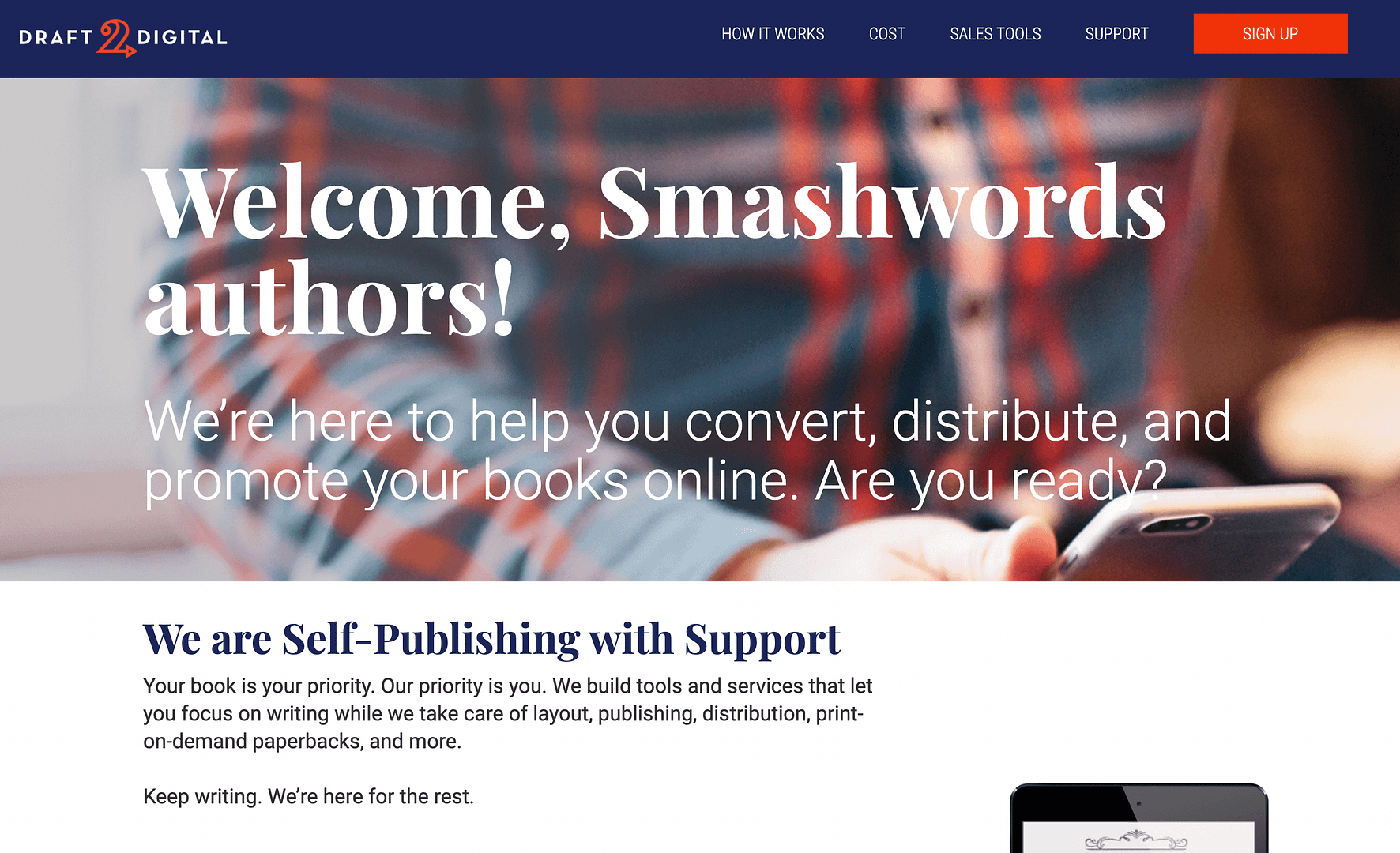 Draft2Digital'in Smashwords yazarlarına yönelik sayfası.