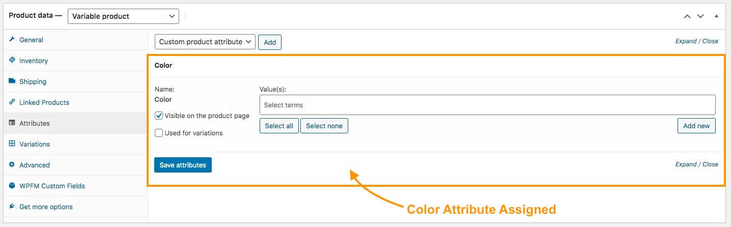 Atributo asignado: para producto variable de WooCommerce