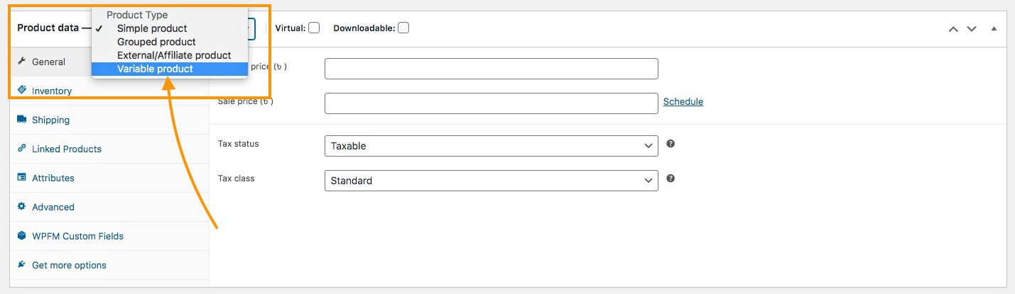 Choisissez l’option Produit variable – pour le produit variable WooCommerce