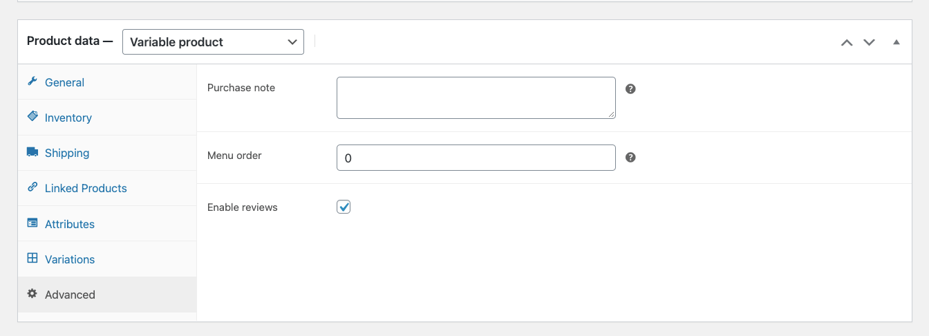 WooCommerce 제품 고급 데이터 - WooCommerce 가변 제품용