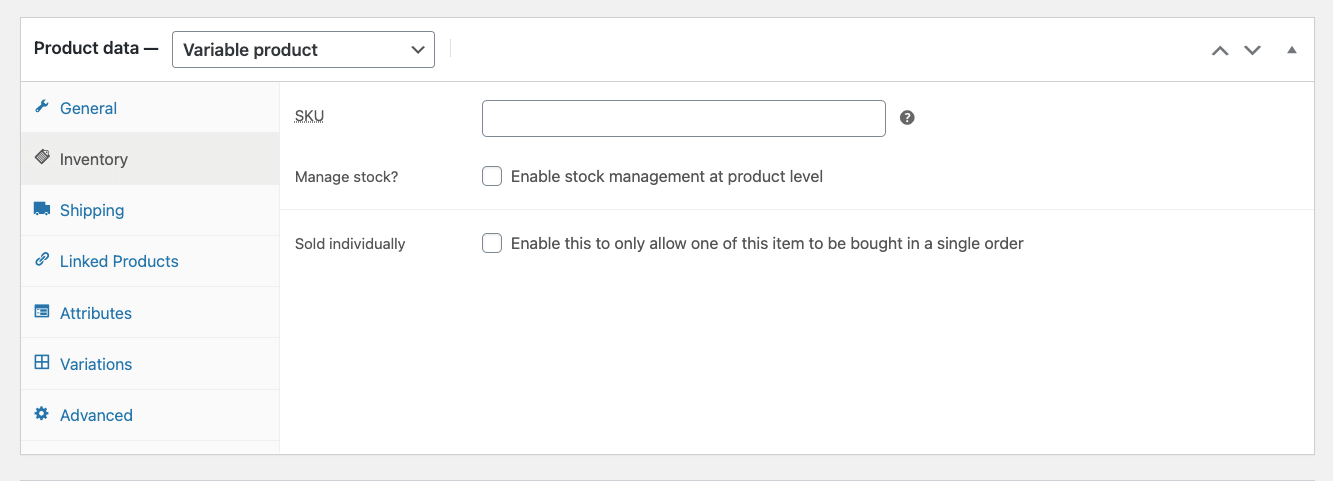 Datos de inventario de productos de WooCommerce: producto variable de WooCommerce