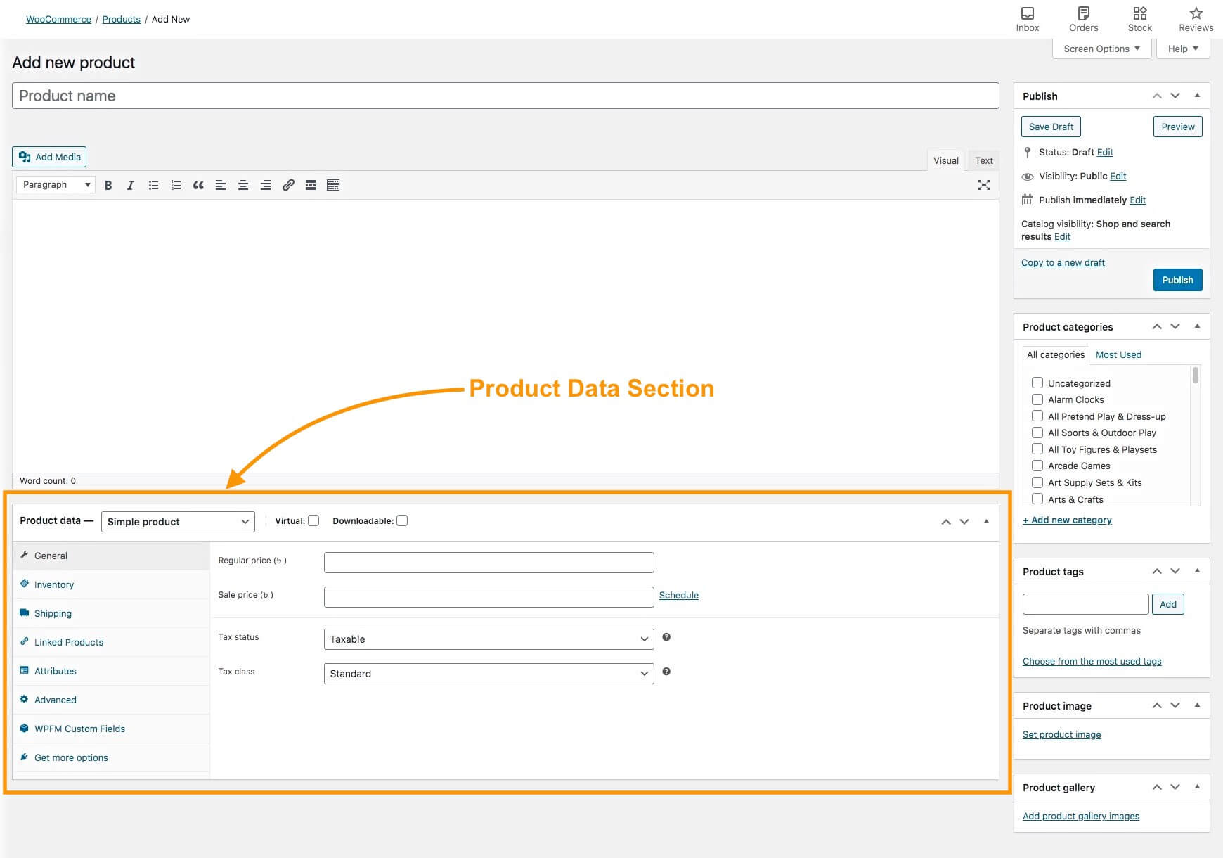 Seção de dados do produto - Produto variável WooCommerce