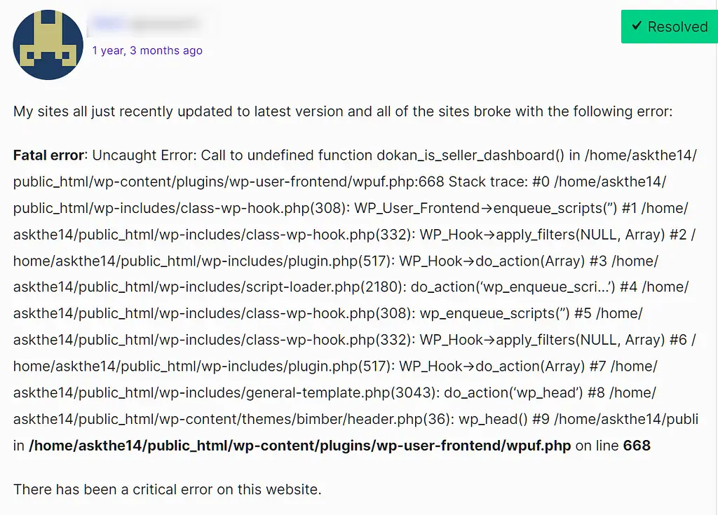 Posting forum WordPress tentang situs seseorang yang rusak setelah pembaruan WordPress dengan "Kesalahan fatal"