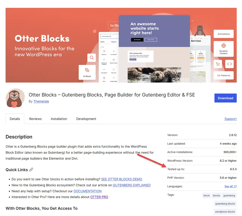 Otter が「テスト済み」リストを指す矢印で WordPress.org ページをブロック