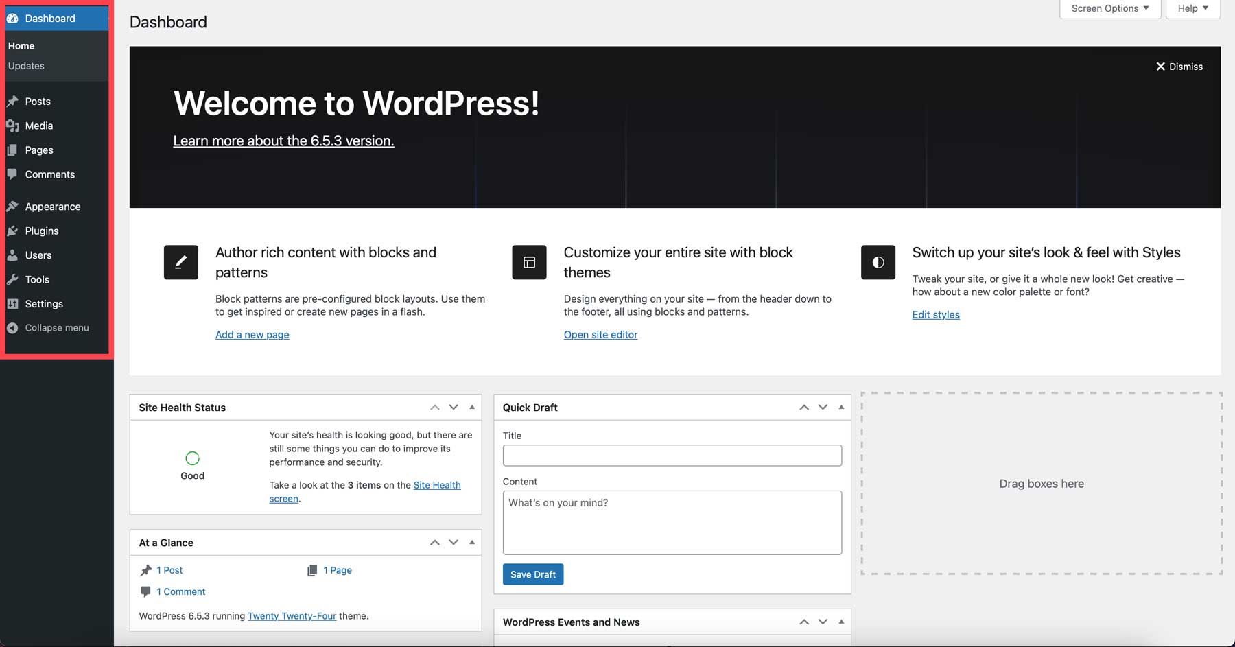 Dasbor admin WordPress