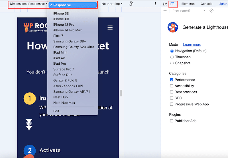 Testen der Reaktionsfähigkeit der DevTools von Chrome – Quelle: DevTools von Chrome