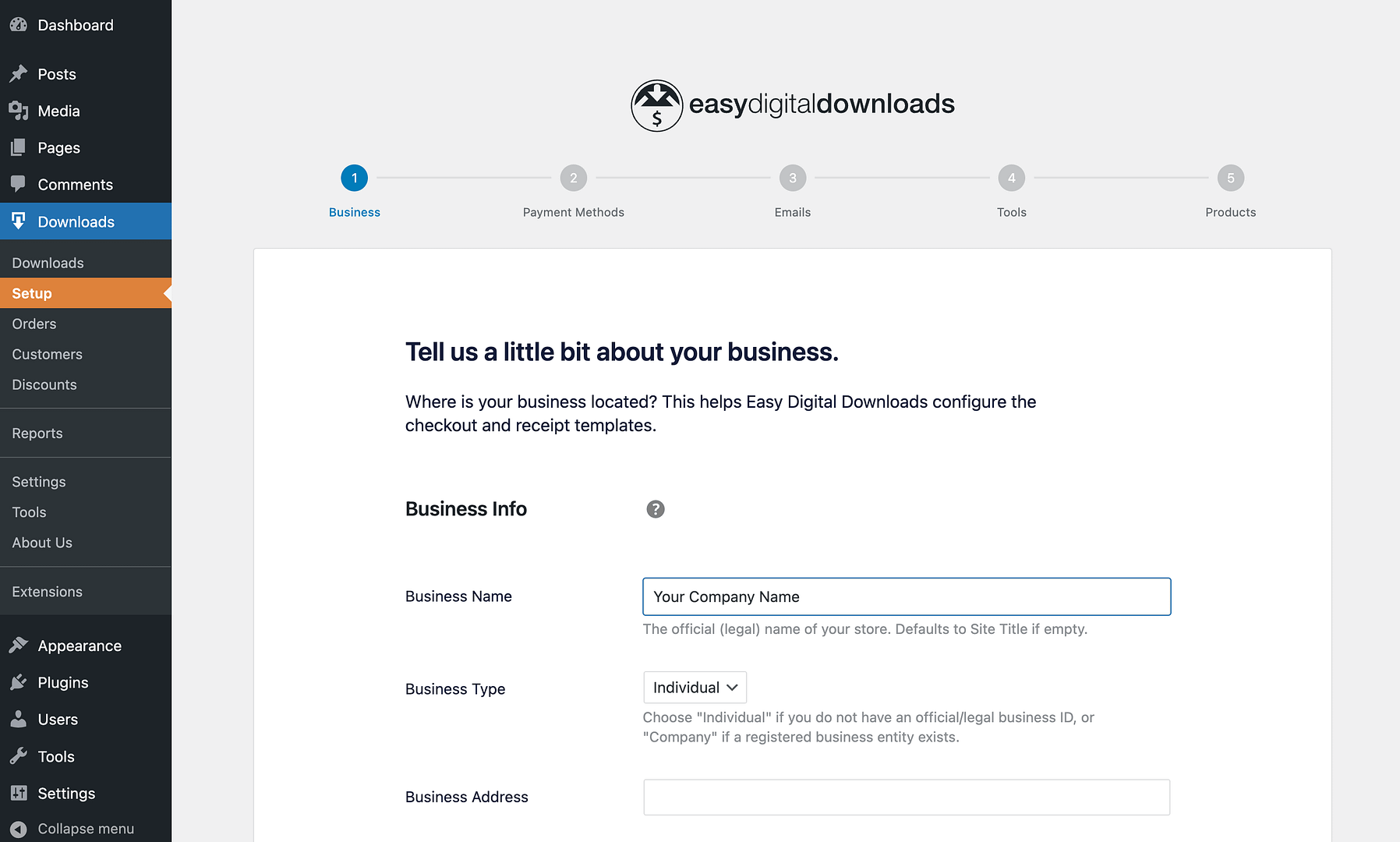 Asistent de configurare Easy Digital Downloads.