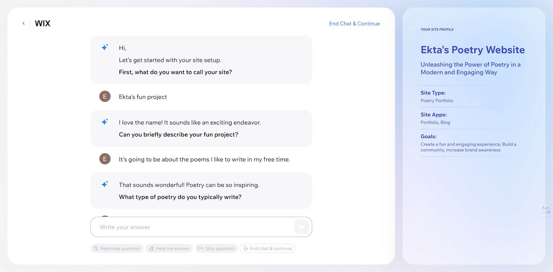 wix ai chatbot génère des sites Web en posant des questions