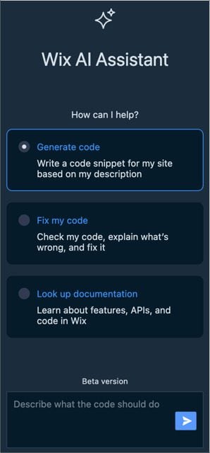 Assistente Wix AI solicitando uma ação para gerar ou editar código.