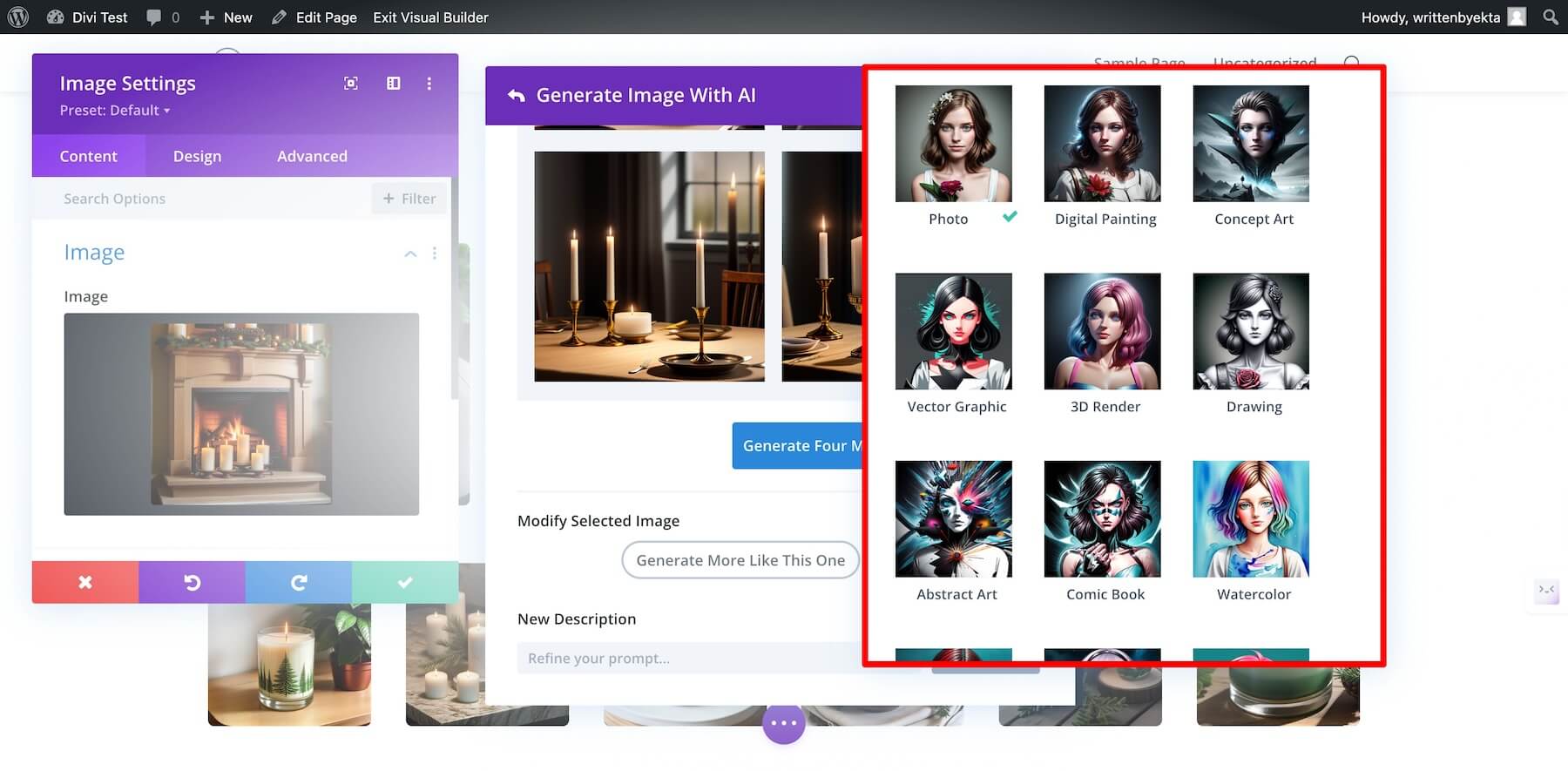 divi AI avec de nombreuses options de style pour personnaliser l'image avec l'IA