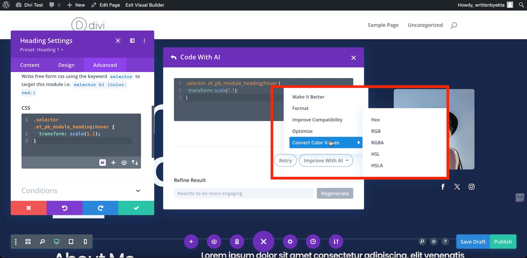 editar opciones de código en Divi Code AI