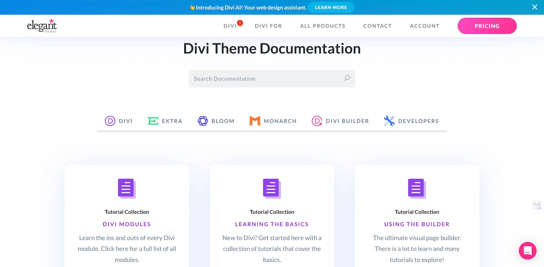 divi テーマのドキュメントのスクリーンショット