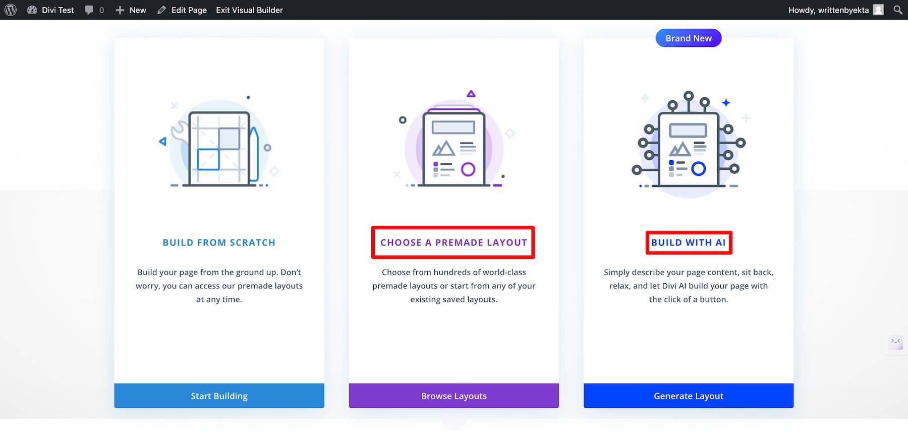 Opsi pembuat Divi untuk memilih tata letak yang telah dibuat sebelumnya atau membuatnya dengan AI