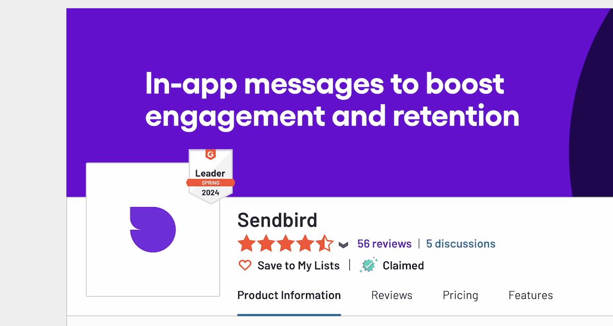 Il pannello informativo di Sendbird sul sito web di G2.