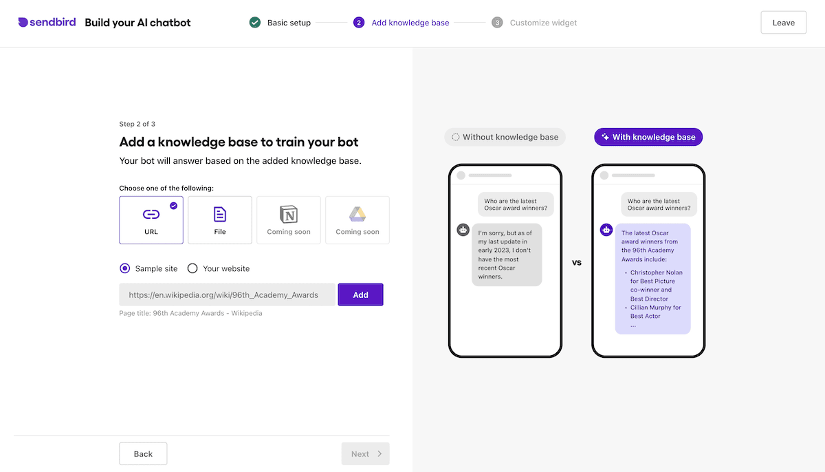 إضافة ملفات المعرفة إلى مجموعة تدريب الروبوت الخاص بك في Sendbird.