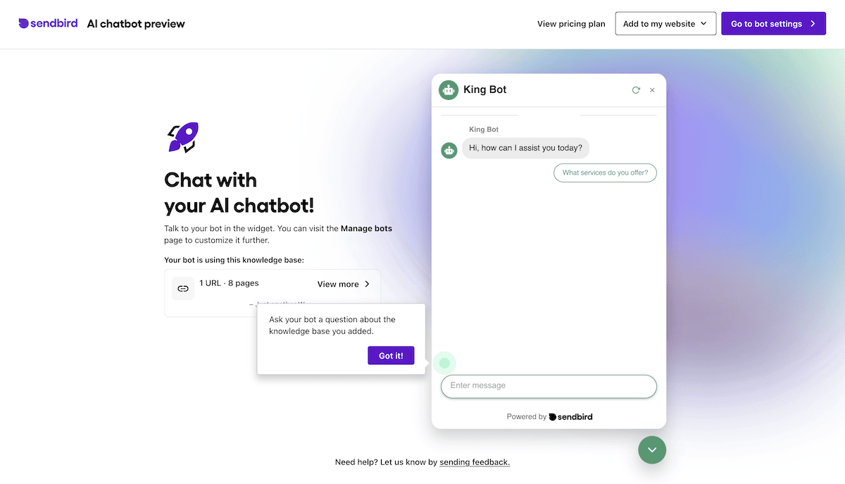 Previzualizarea chatbot-ului AI în Sendbird.