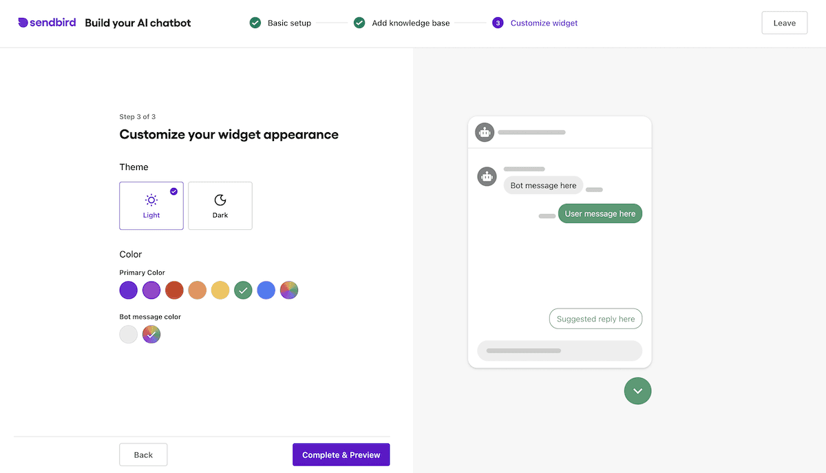 การปรับแต่งแชทบอทภายในวิซาร์ดการเริ่มต้นใช้งานของ Sendbird