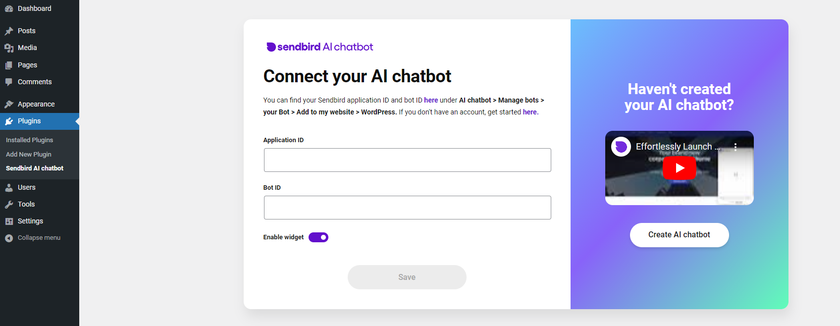 Ecranul pluginului Sendbird WordPress care arată câmpuri pentru a vă conecta chatbot.