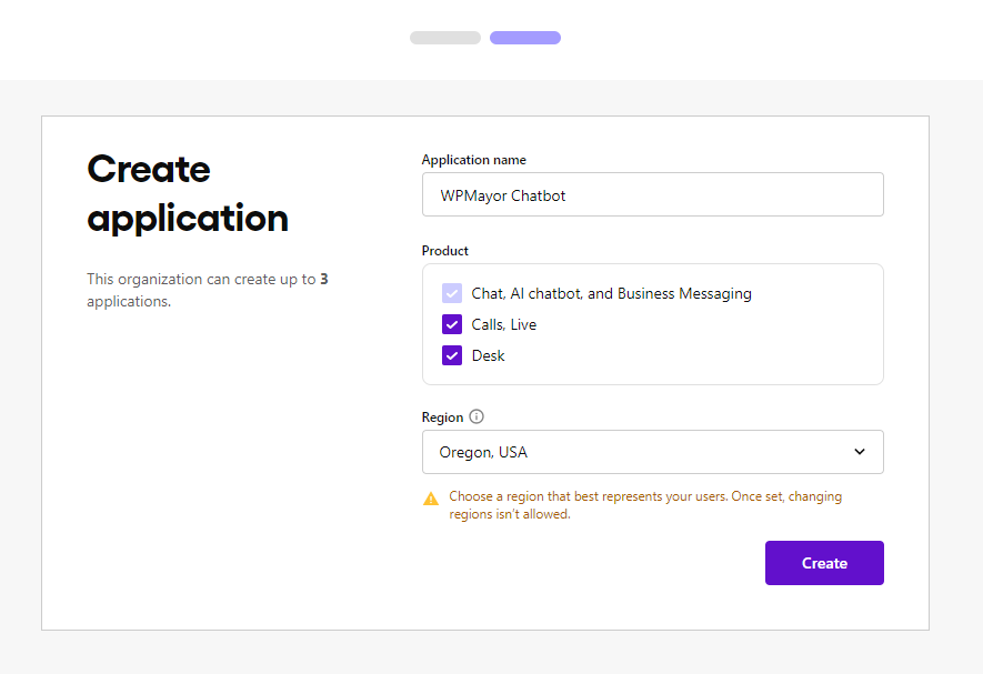 A tela Criar aplicativo do chatbot Sendbird AI.