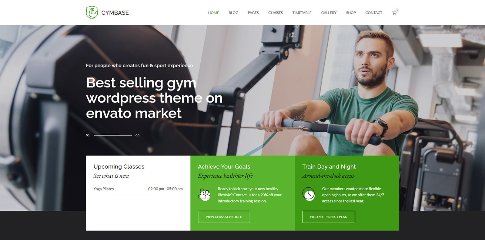 GymBase 的视觉效果，这是一个高效且易于编辑的健身房 WordPress 主题。