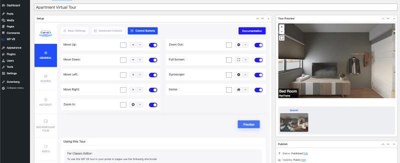 Botones de control en el recorrido virtual del apartamento