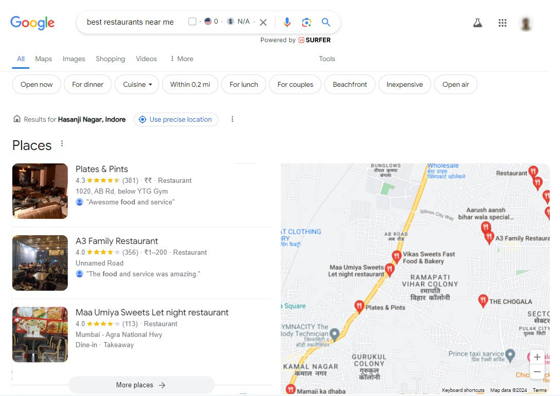 Lokalne wyniki wyszukiwania Google dla „Restauracje w pobliżu mnie”