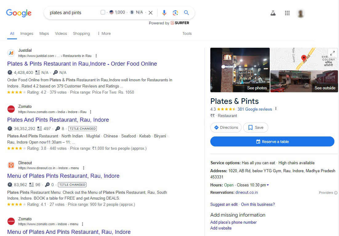 Profilo dell'attività su Google per "Piatti e pinte"