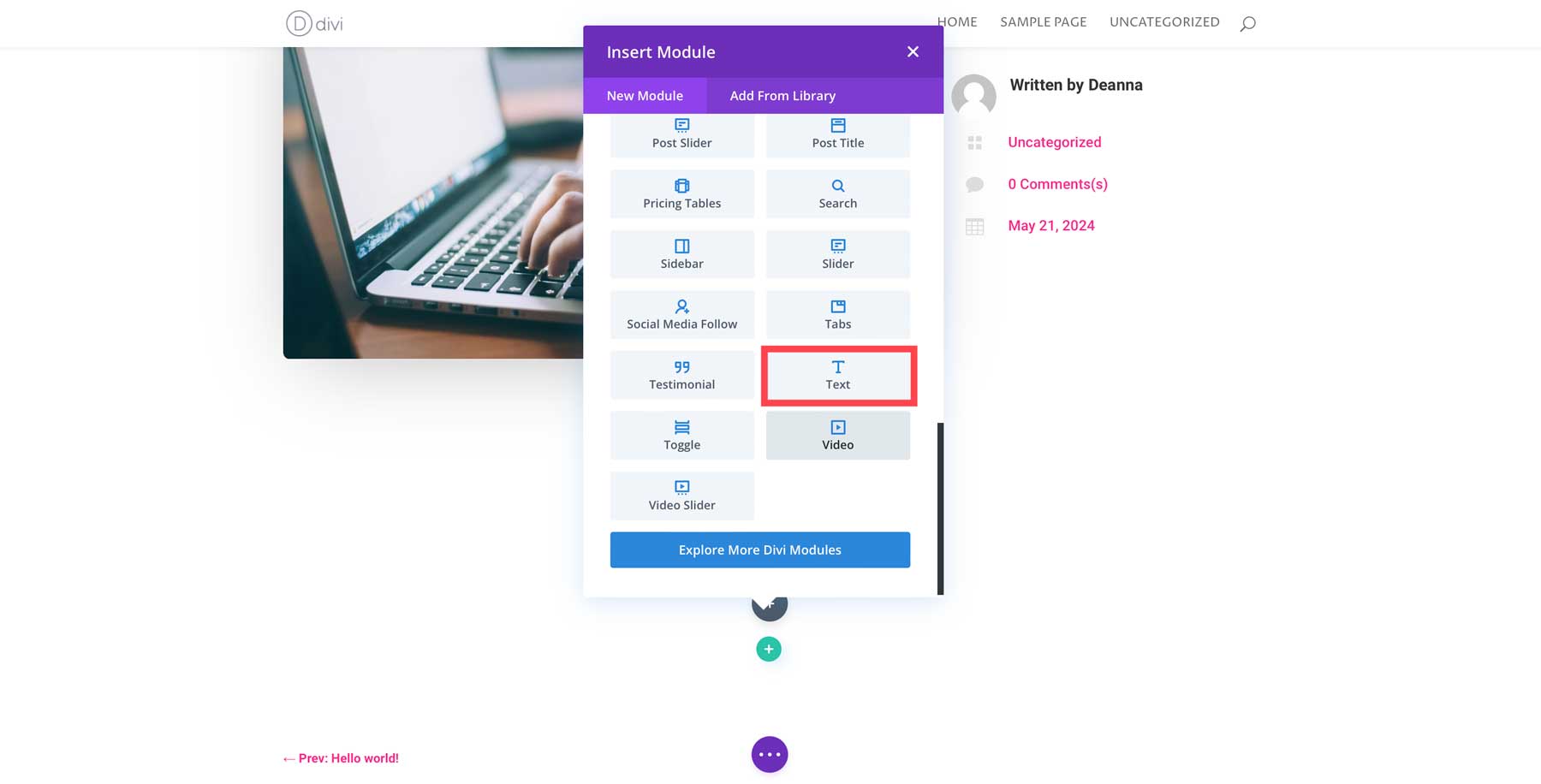 Divi 텍스트 모듈 추가