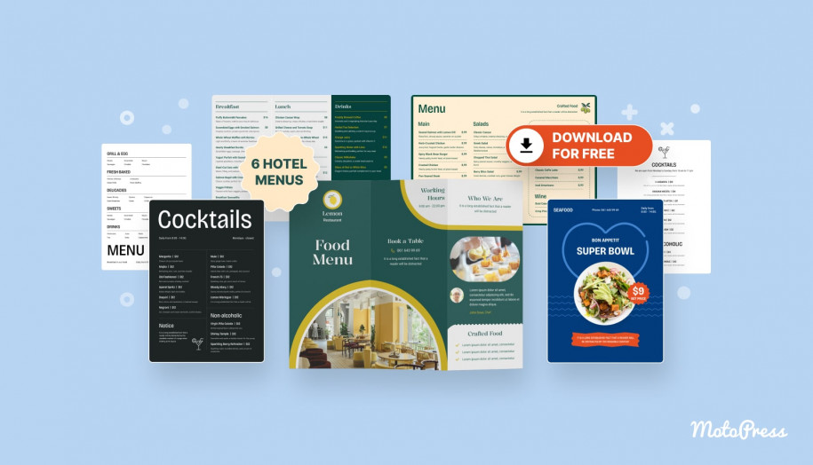 Cartões de menu de hotel com designs gratuitos.