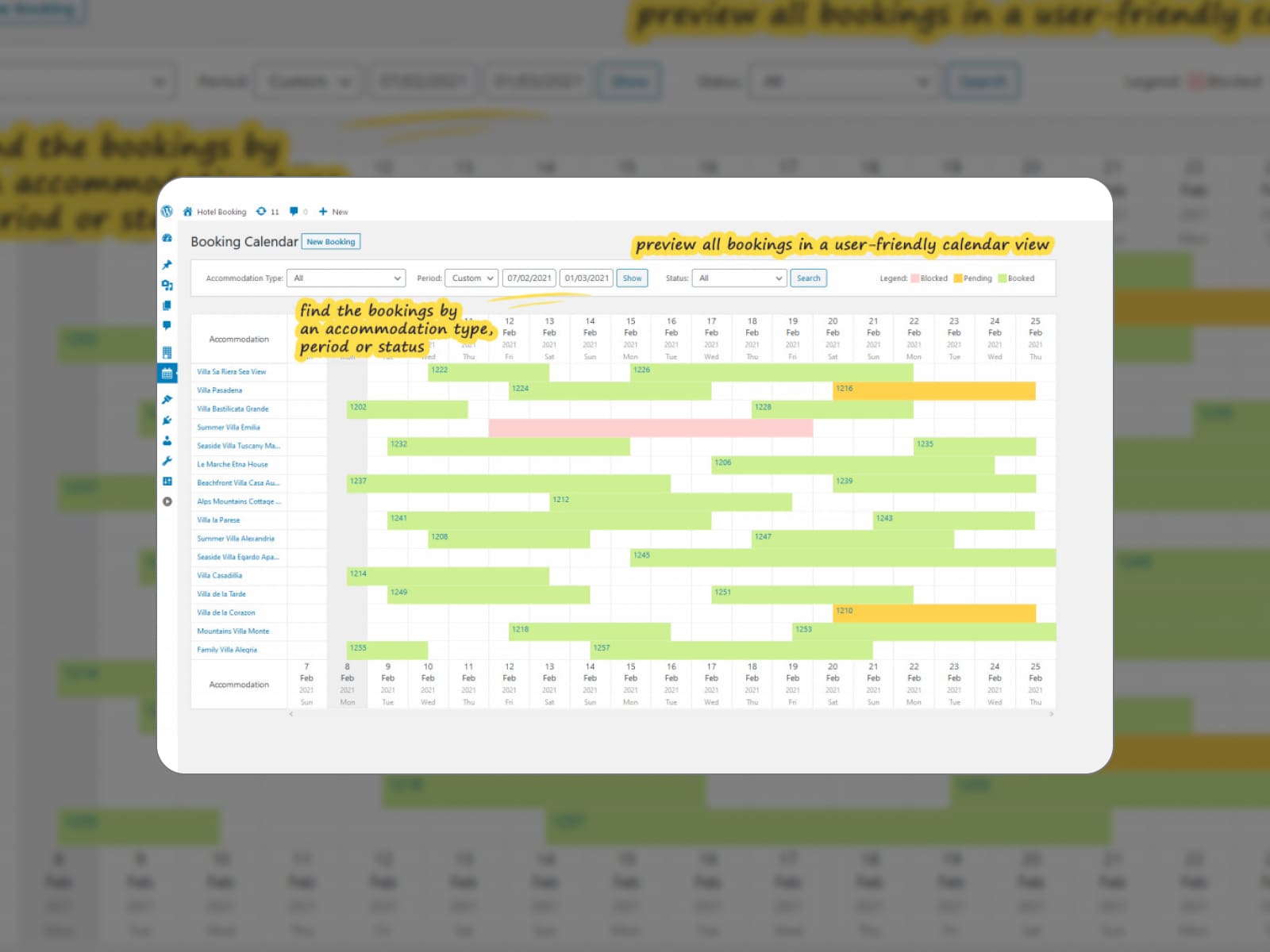 Kalender berkode warna di plugin pemesanan WordPress oleh MotoPress.