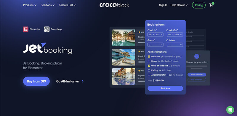 Página de inicio del complemento JetBooking