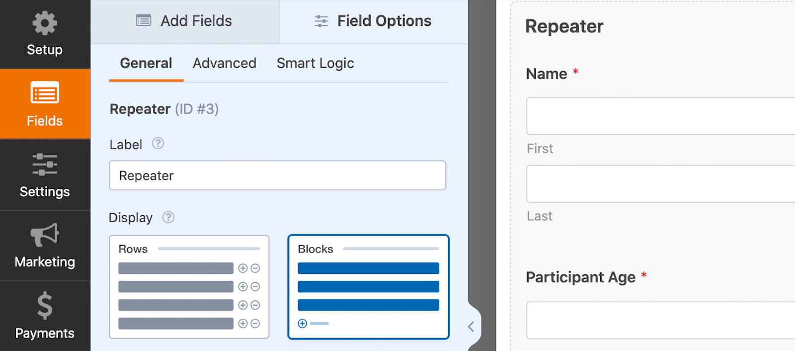 Selecting the Repeater field display as Blocks