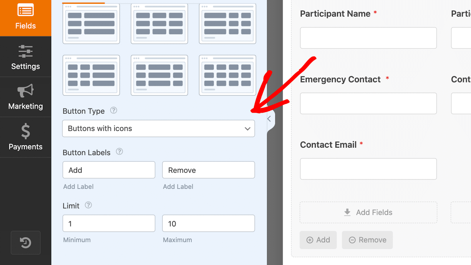 Navigating to the Repeater field button settings