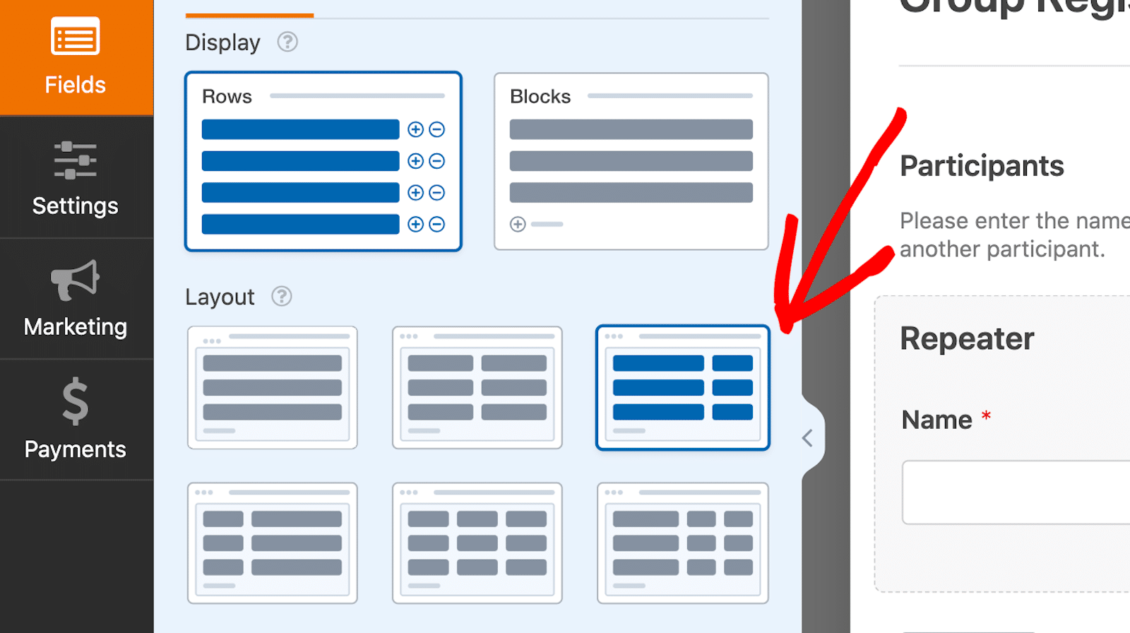 Selecting the Repeater field 2 column layout