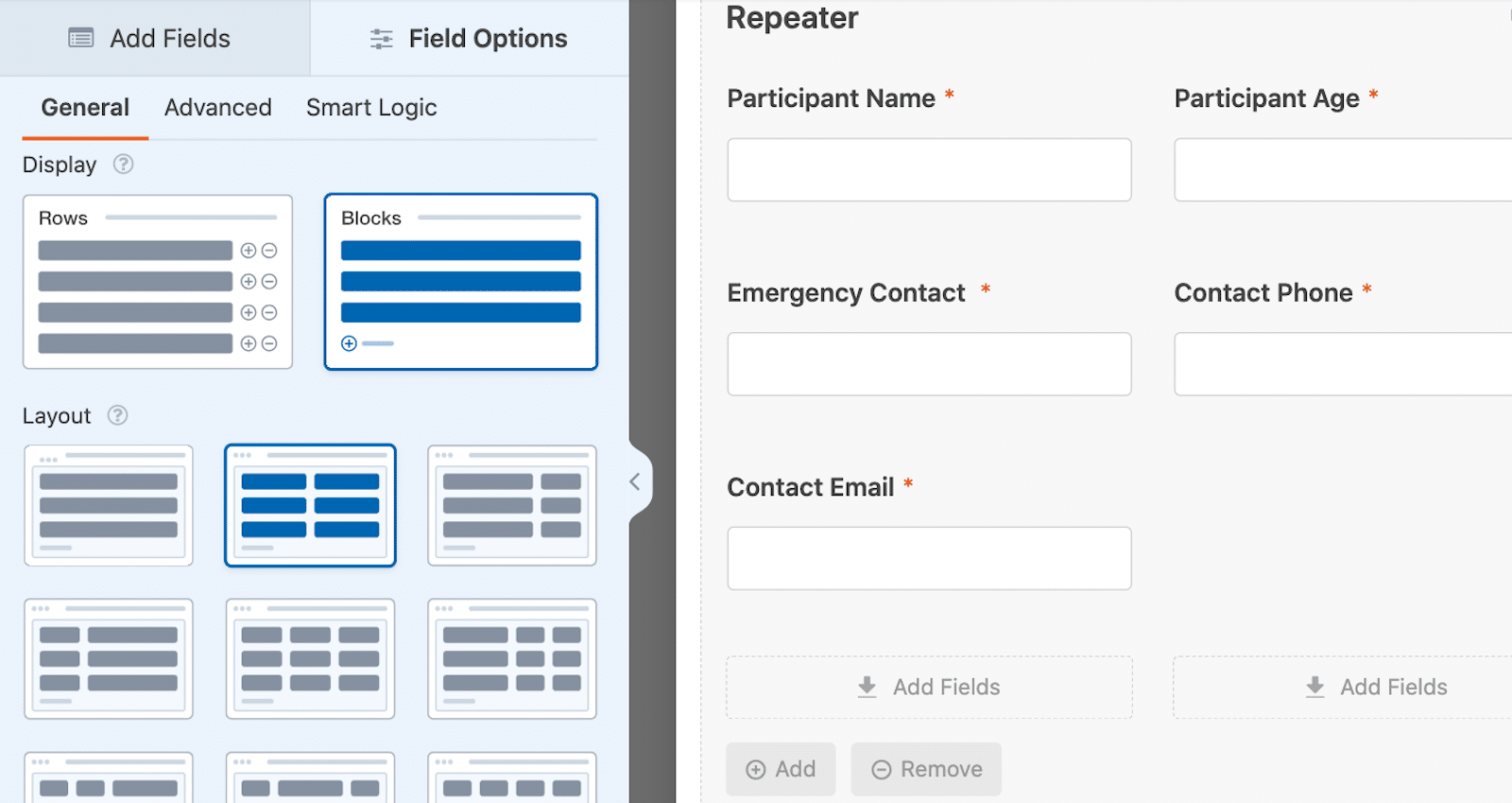 Selecting the Repeater field 2 column layout