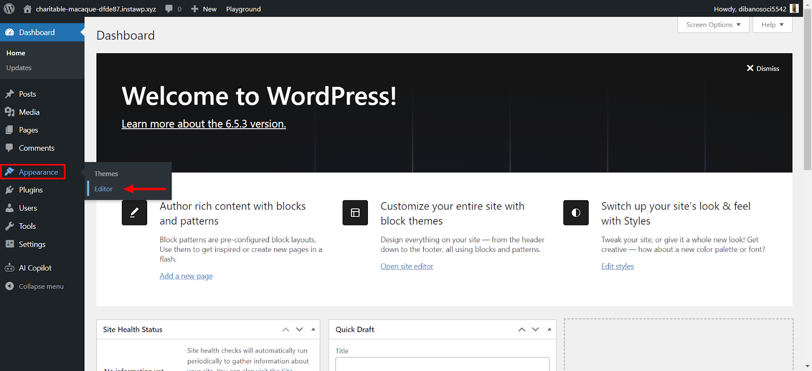 Uma captura de tela para abrir o Editor no painel do WordPress