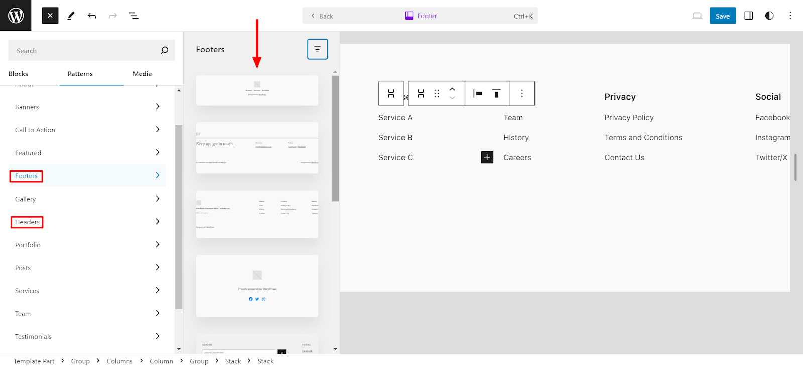 Uno screenshot per creare il piè di pagina dell'intestazione con i modelli