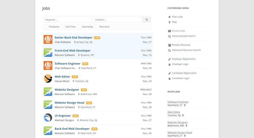 Front strony wykorzystujący wtyczkę WPJobBoard.