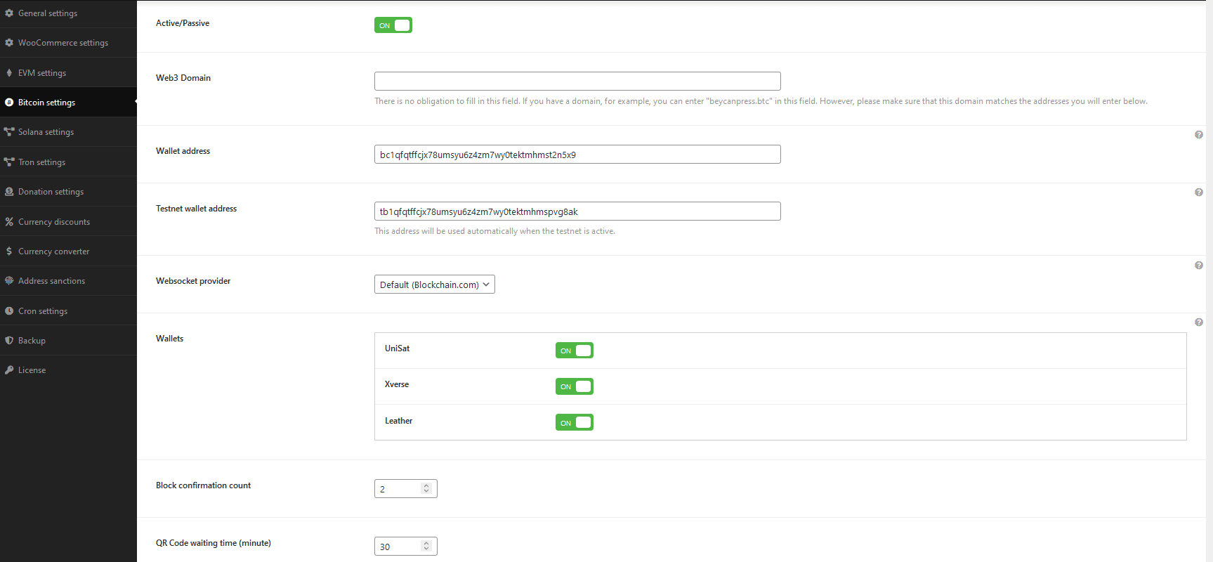 Configurações de Bitcoin