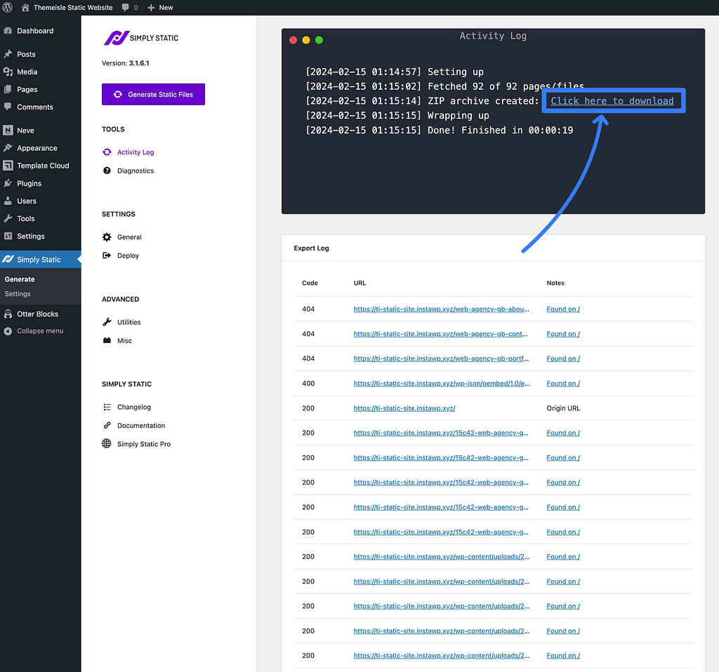 Téléchargez les fichiers terminés de votre site WordPress statique