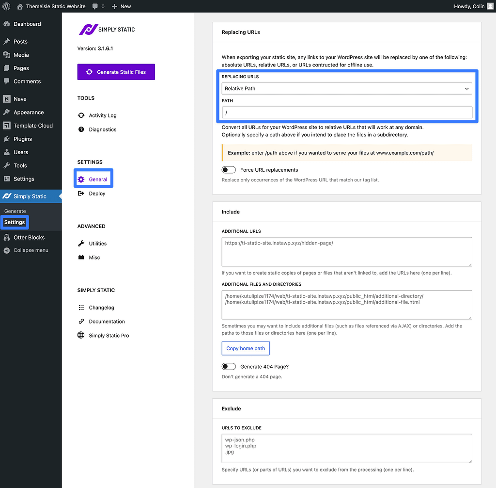 La configuración del complemento Simply Static para crear un sitio web estático de WordPress