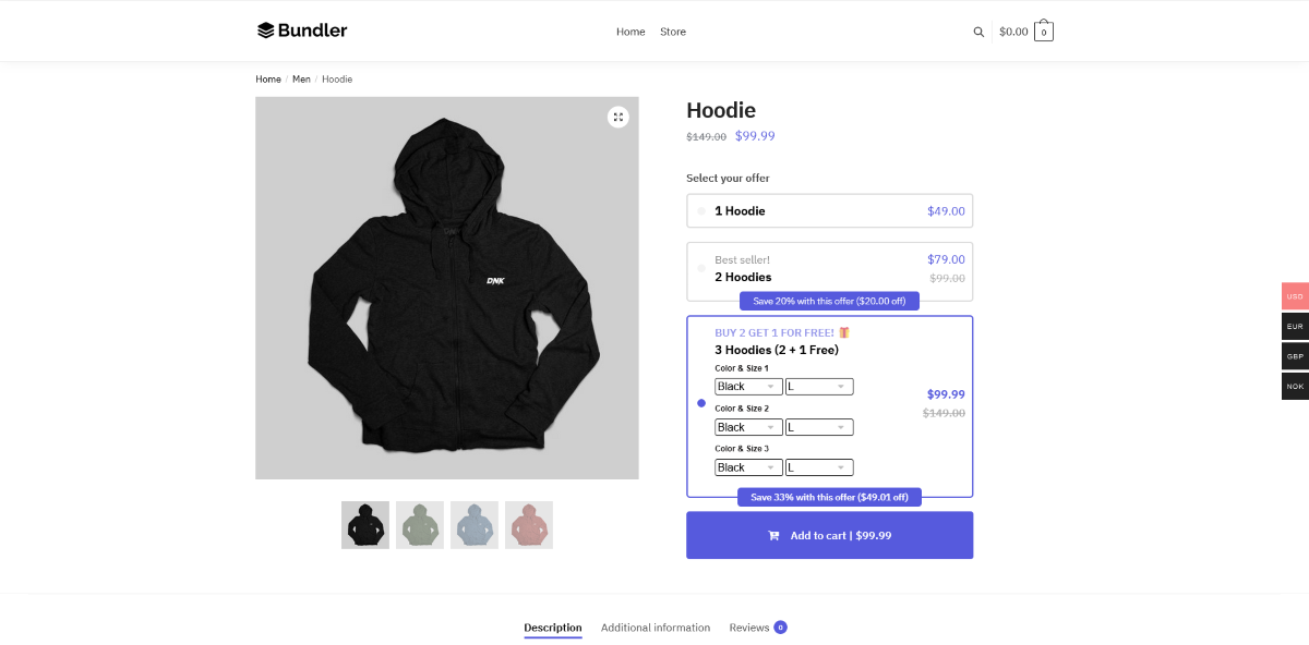 La parte frontal de una tienda WooCommerce que muestra muestras de Bundler destacando un descuento en productos.