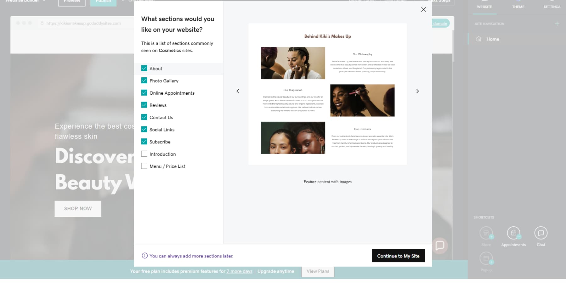 GoDaddy'nin Web Sitesi oluşturucusunun yapay zeka özelliklerinin ekran görüntüsü