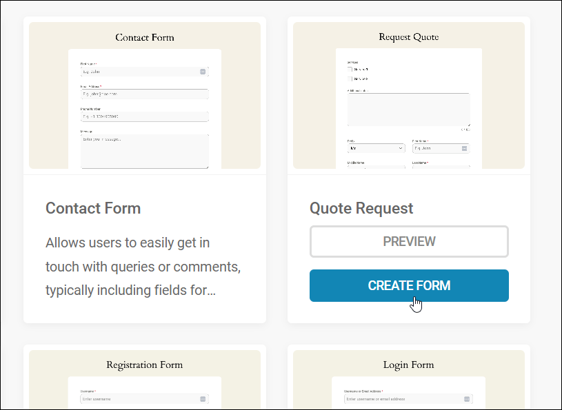 Plantilla de solicitud de cotización: botón Crear formulario resaltado.