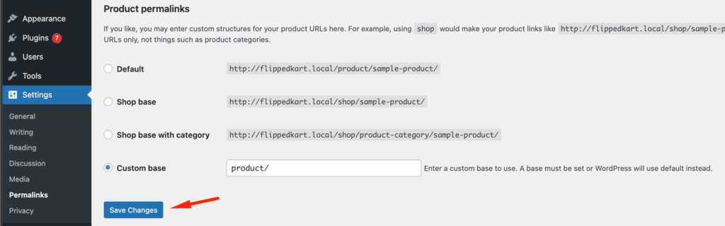 Esta es una captura de pantalla de la configuración de enlaces permanentes del producto.