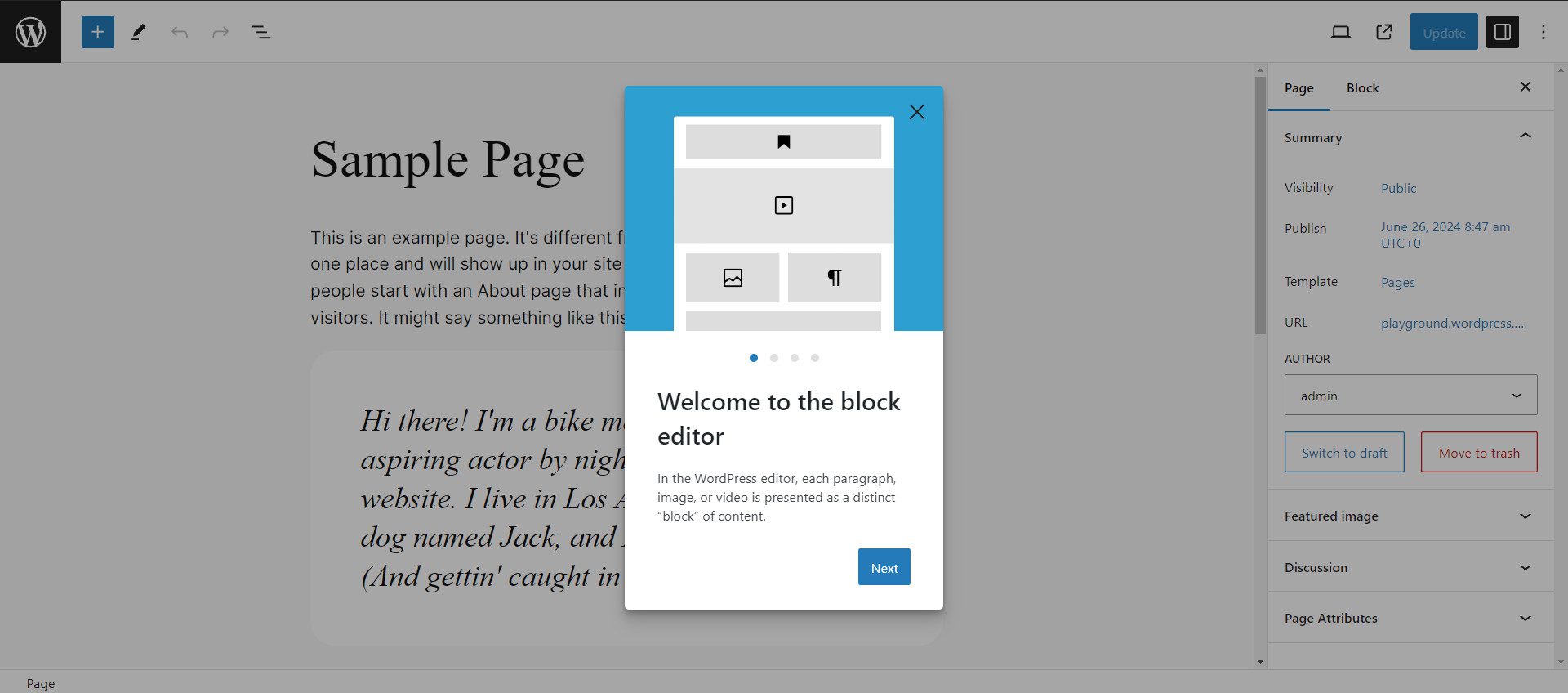 Ecran de întâmpinare a Editorului de blocuri pentru utilizatorii pentru prima dată