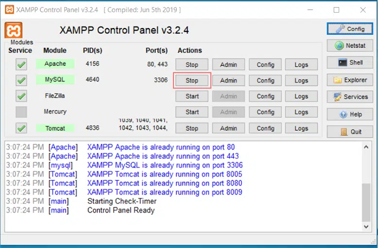 Stop MySQL service in XAMPP