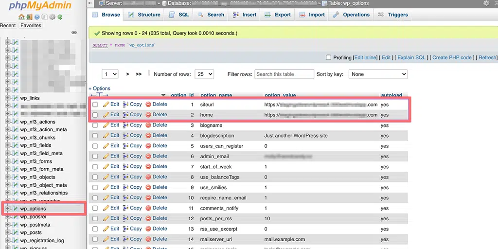 Checking the siteurl and home rows in phpMyAdmin